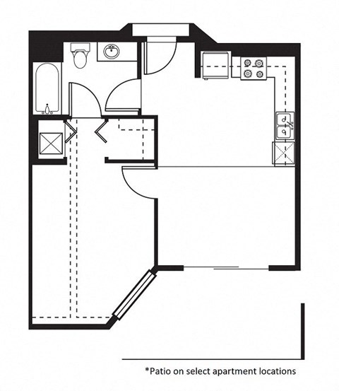 Floor plan for 1 bed, 1 bath, 611 sqft